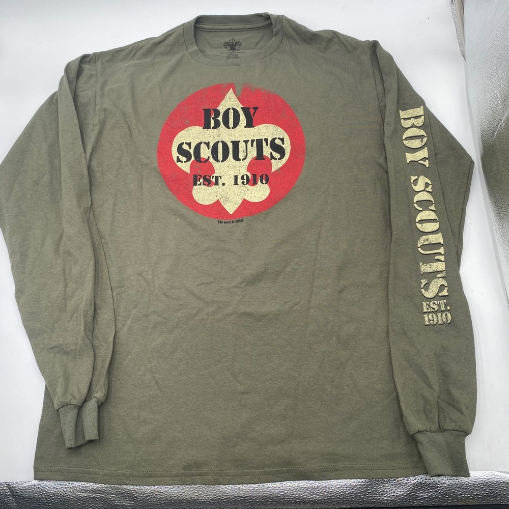 BSA Boy Scouts Of America Graphic Tee Shirt Mens Medium Green Long Sleeve Cotton